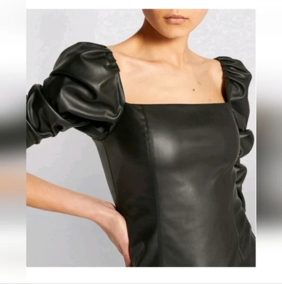 Alice + Olivia Frances Vegan Leather Puff Sleeve Mini Dress Size 2 - Picture 10 of 16